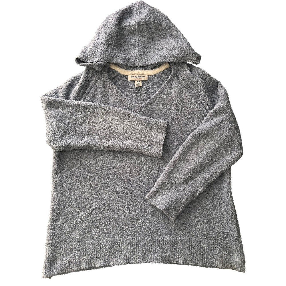 Tommy Bahama Island Soft Blue Popcorn Knit V-Neck Hoodie Sweater Womens Medium